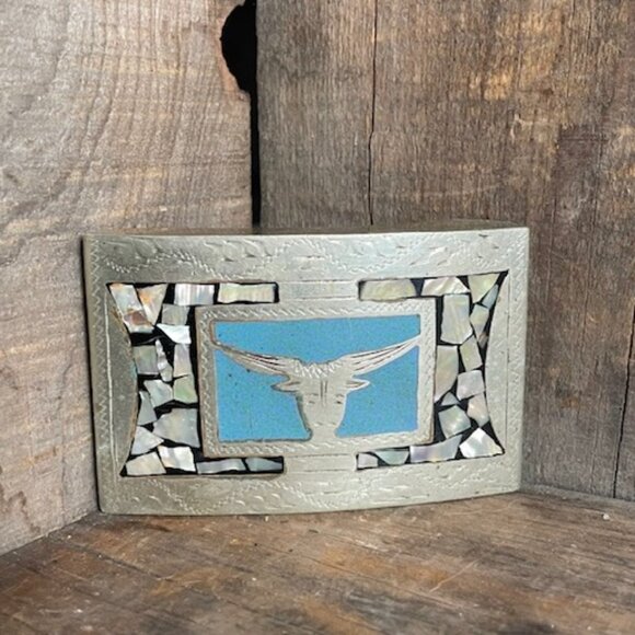 Vintage Handcrafted Southwest Silver Belt Buckle with Abalone Inlay - Picture 15 of 15